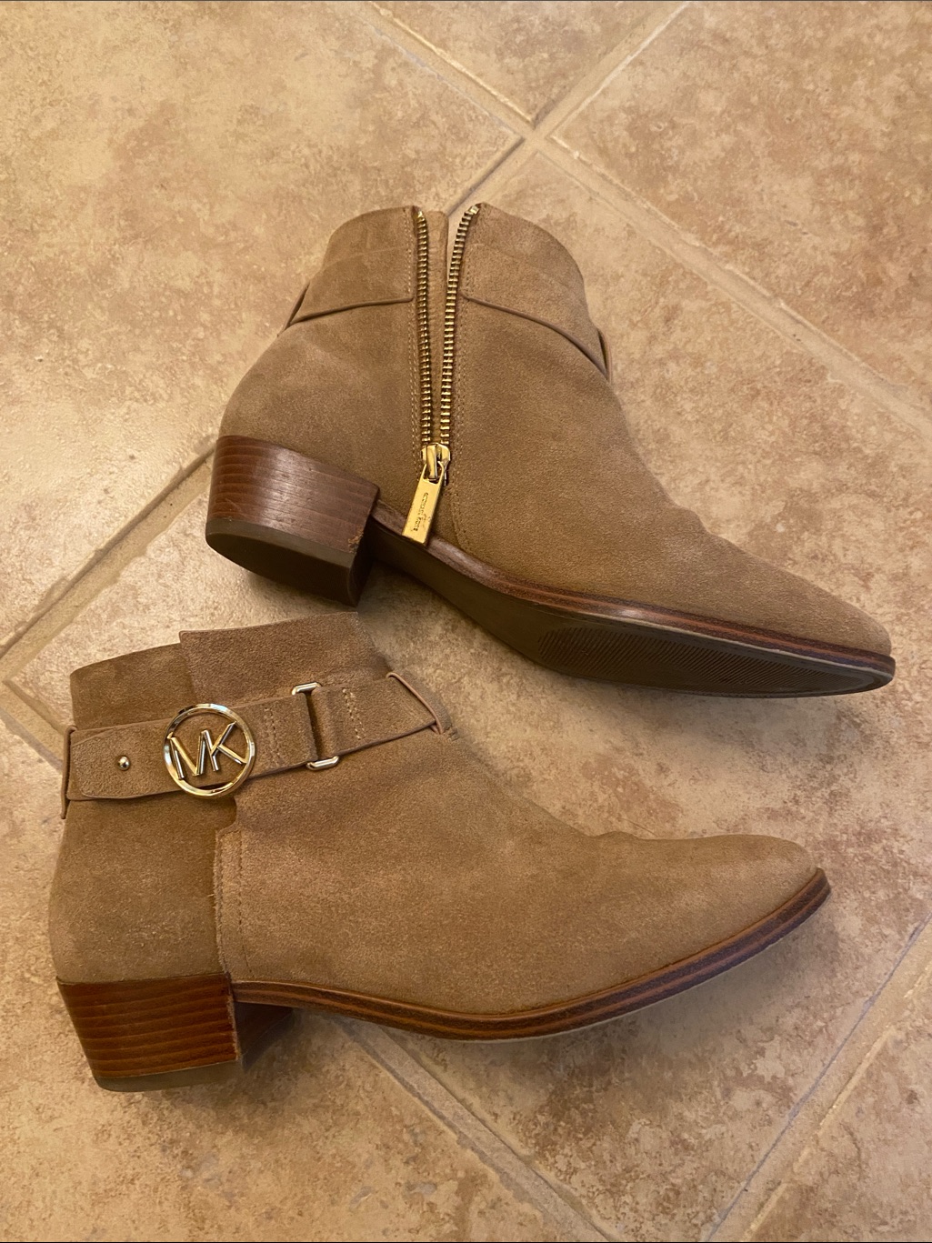 Michael Kors Taupe Suede Ankle Booties With Gold Mk Accent 7.5